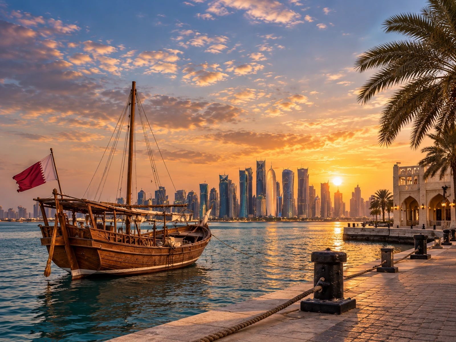 Traditional dhow on Doha waterfront at sunset with the skyline across the bay