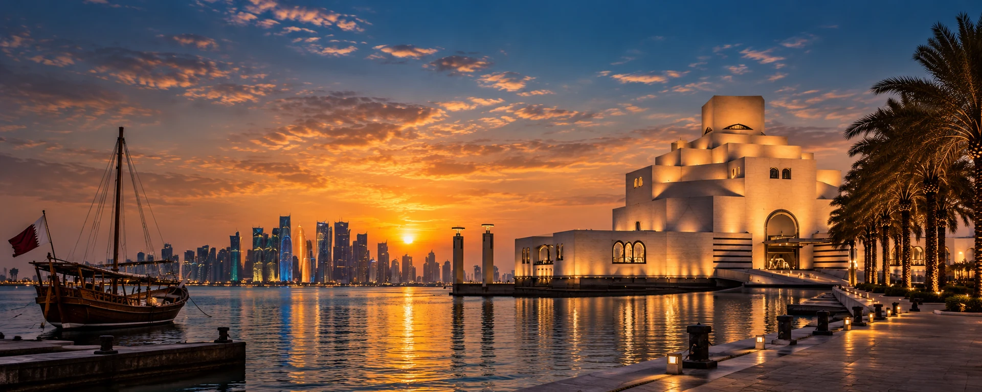 Doha skyline and waterfront at sunset