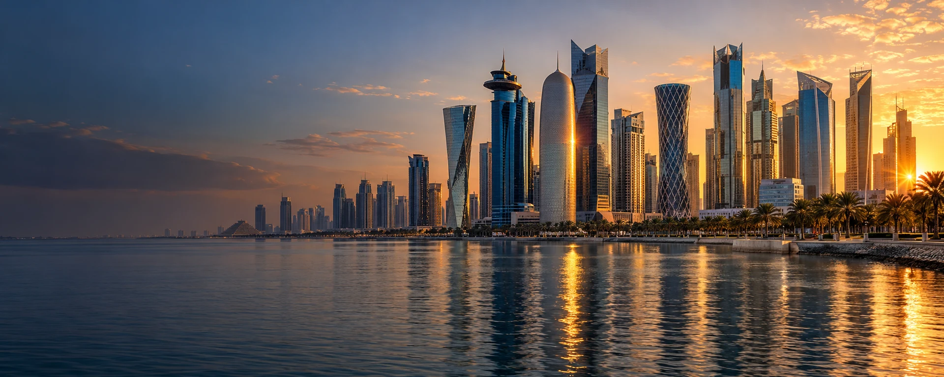 Modern Doha skyline at sunset
